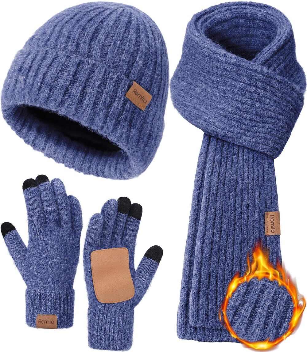 3701 Beanie Hat Scarf Gloves Set , Winter Beanie Long Knit Scarf Anti-Slip